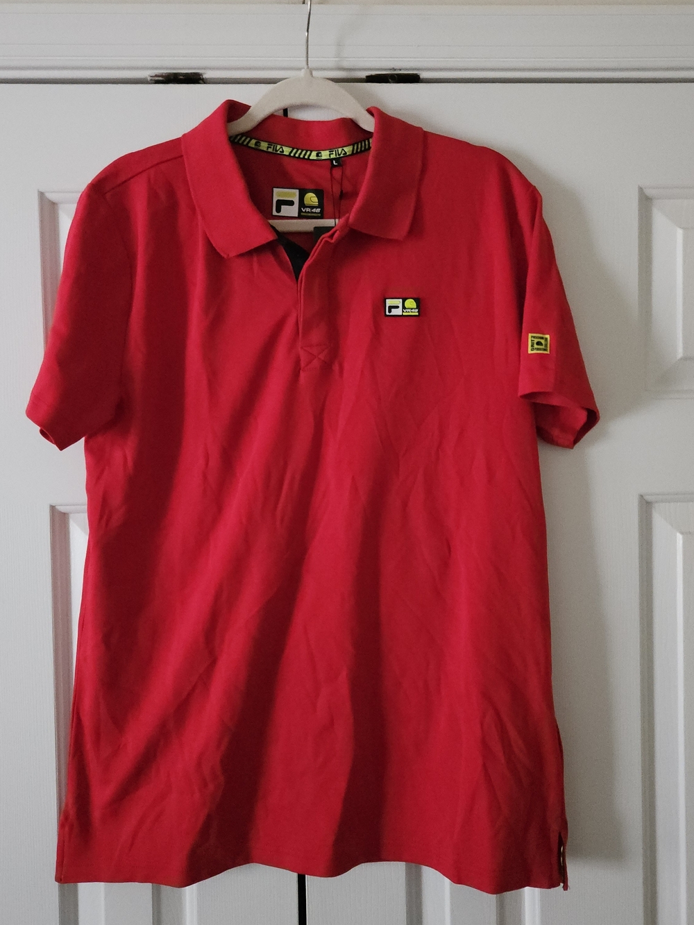 NWT, Mens L FILA VR46 Riders Academy Red Short Sleeve Graphic Cotton Polo Shirt.